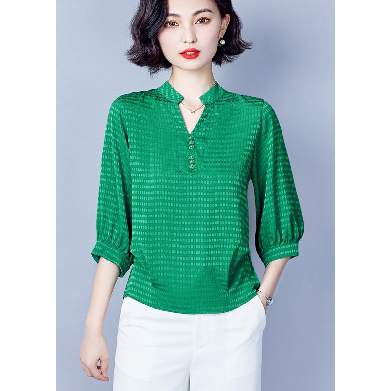 Green V Neck Button Chiffon Shirt Half Sleeve