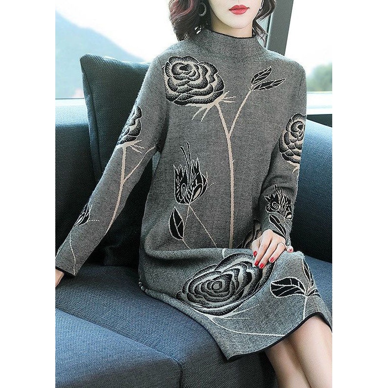 Grey Floral Print Knit Long Sweater Dress Turtleneck Winter