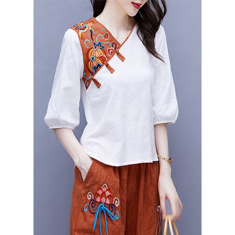 Handmade White V Neck Embroideried Floral Button Top Half Sleeve