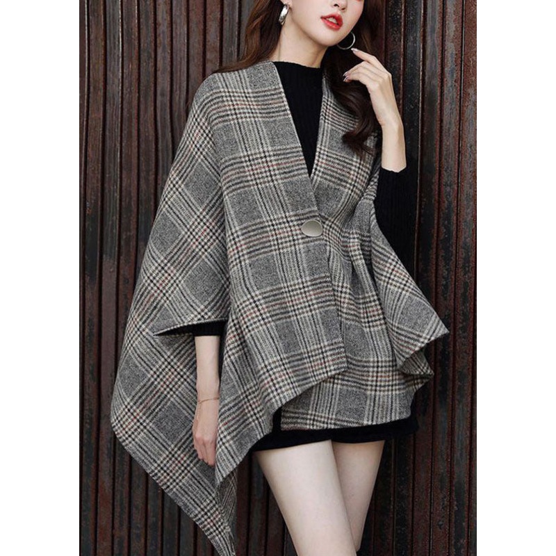 Italian Grey V Neck Asymmetrical Design Plaid Woolen Coats Fall