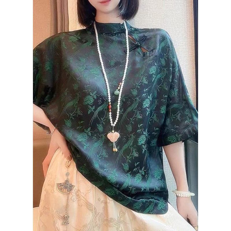 Jacquard Black Green Stand Collar Silk Shirt Half Sleeve