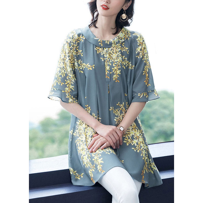 Light Blue O-Neck Print Wrinkled Chiffon Top Half Sleeve