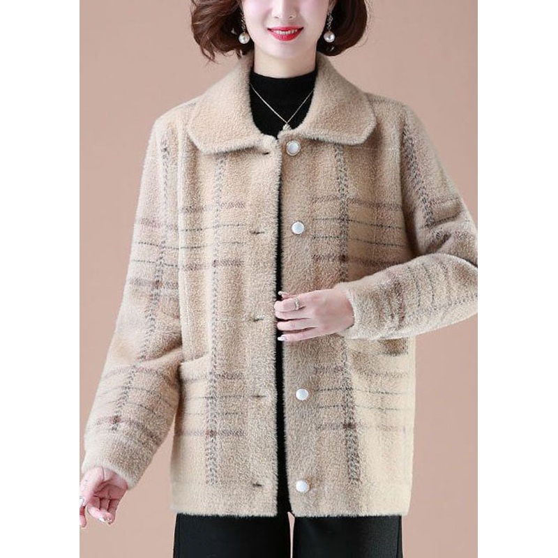 Light Camel Print Mink Hair Knitted Coats Square Collar Button Winter