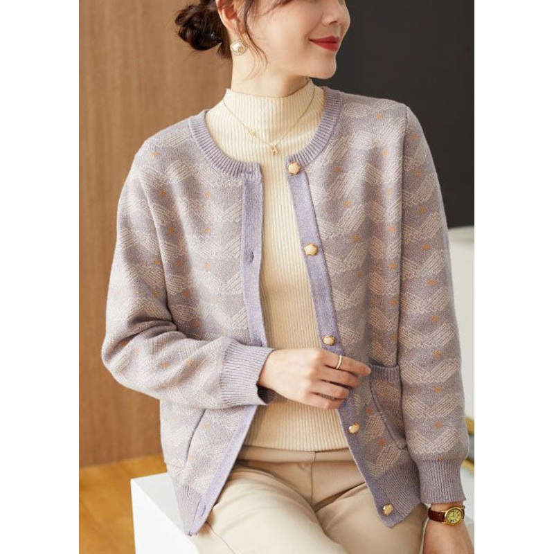 Light Purple Print Woolen Loose Coat Outwear Pearl Button Fall