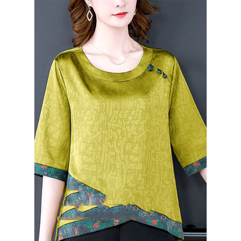 Loose Green O-Neck Print Silk Top Half Sleeve