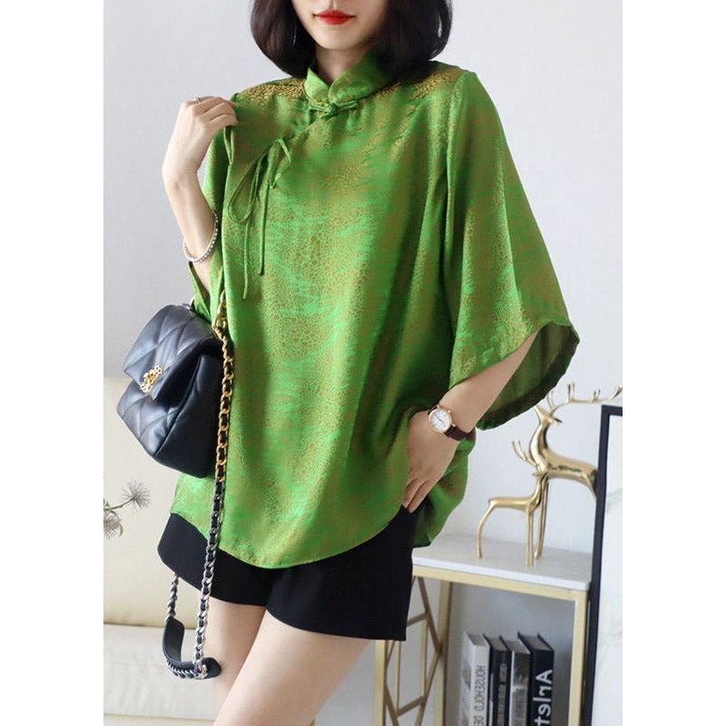 Loose Green Stand Collar Button Silk Tops Half Sleeve