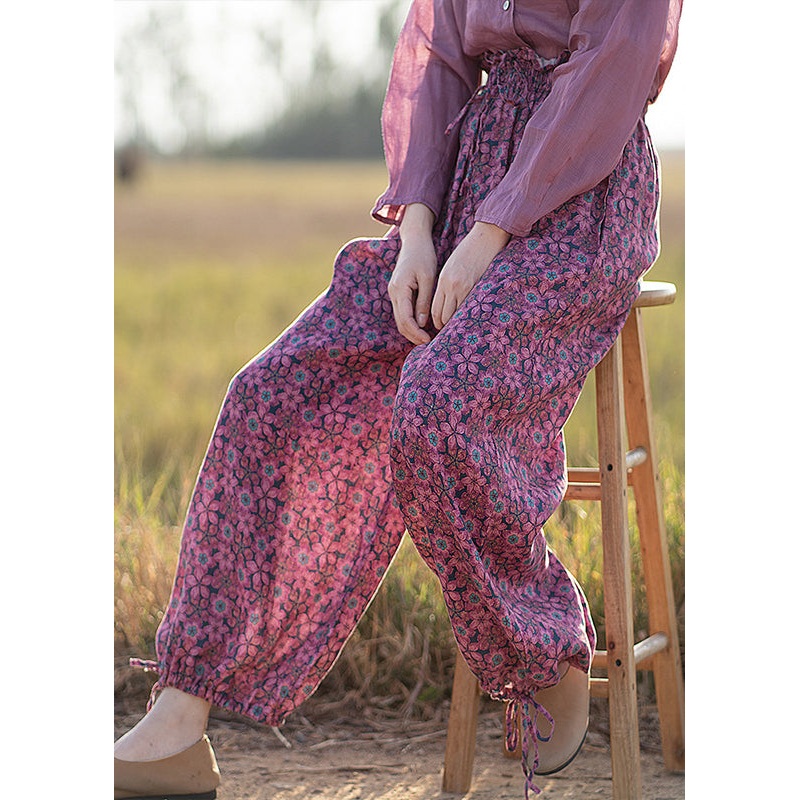 Loose Red Pockets Print Drawstring Elastic Waist Draping Linen Lantern Pants Fall