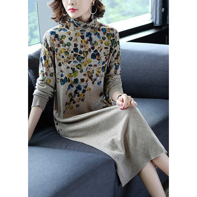 Modern Khaki Turtle Neck Print Side Open Knit Sweater Dress Winter