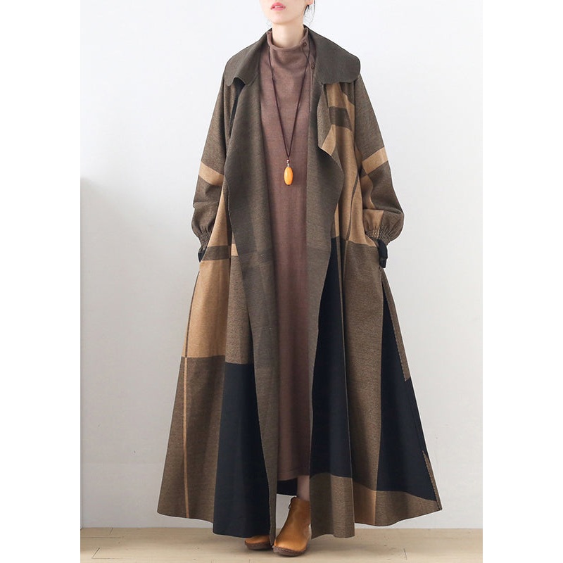 Natural Apricot Peter Pan Collar Plaid Pockets Woolen Trench Coats Long Sleeve