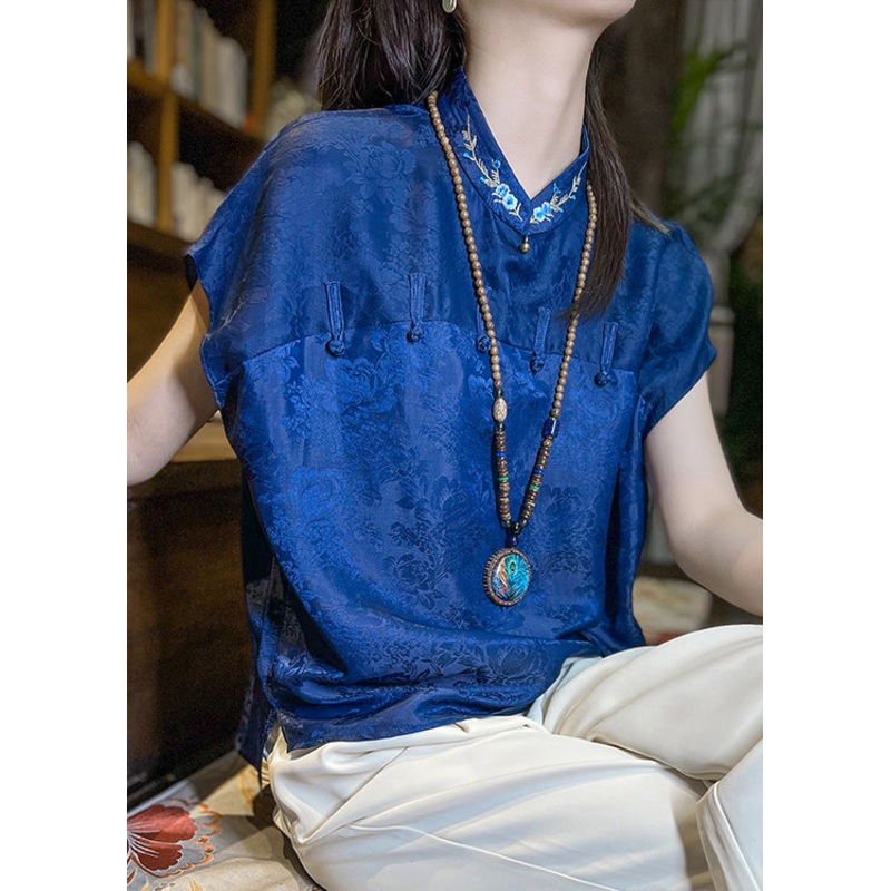 Organic Blue Stand Collar Embroideried Button Silk Top Short Sleeve