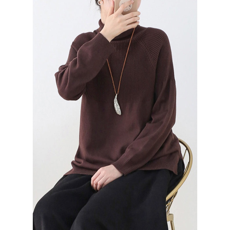 Organic Coffee Colour Turtleneck Thick Knit Sweaters Long Sleeve