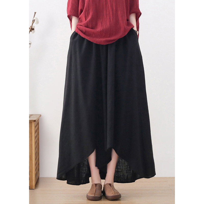 Plus Size Black Elastic Waist Pockets Linen Wide Leg Pants Skirt Fall