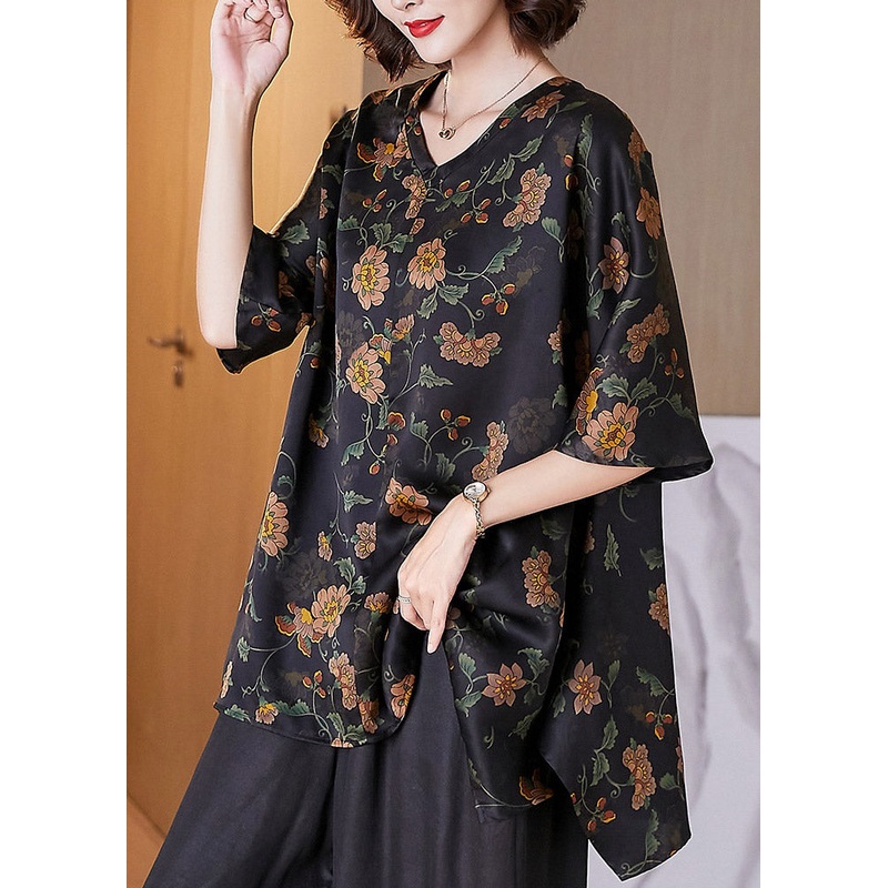 Plus Size Black Yellow Floral V Neck Tops Half Sleeve