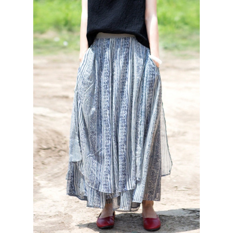 Plus Size Blue Pockets Print Silk Wide Leg Pants skirt Summer