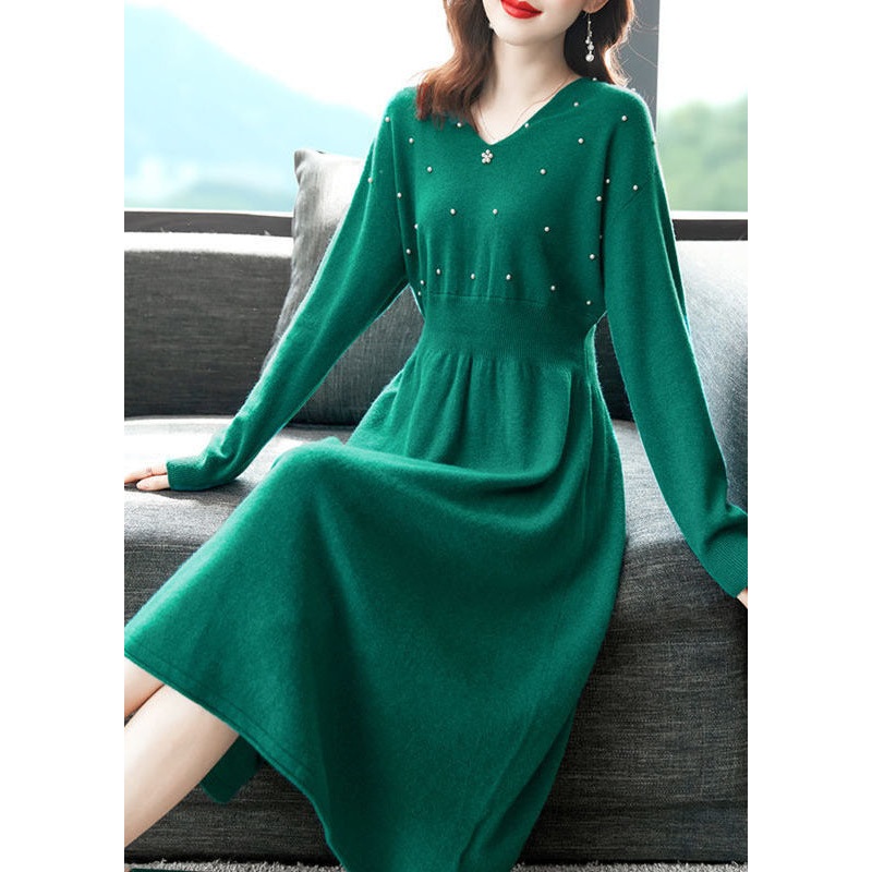 Plus Size Green V Neck Nail Bead Knitwear Cinch Dress Winter