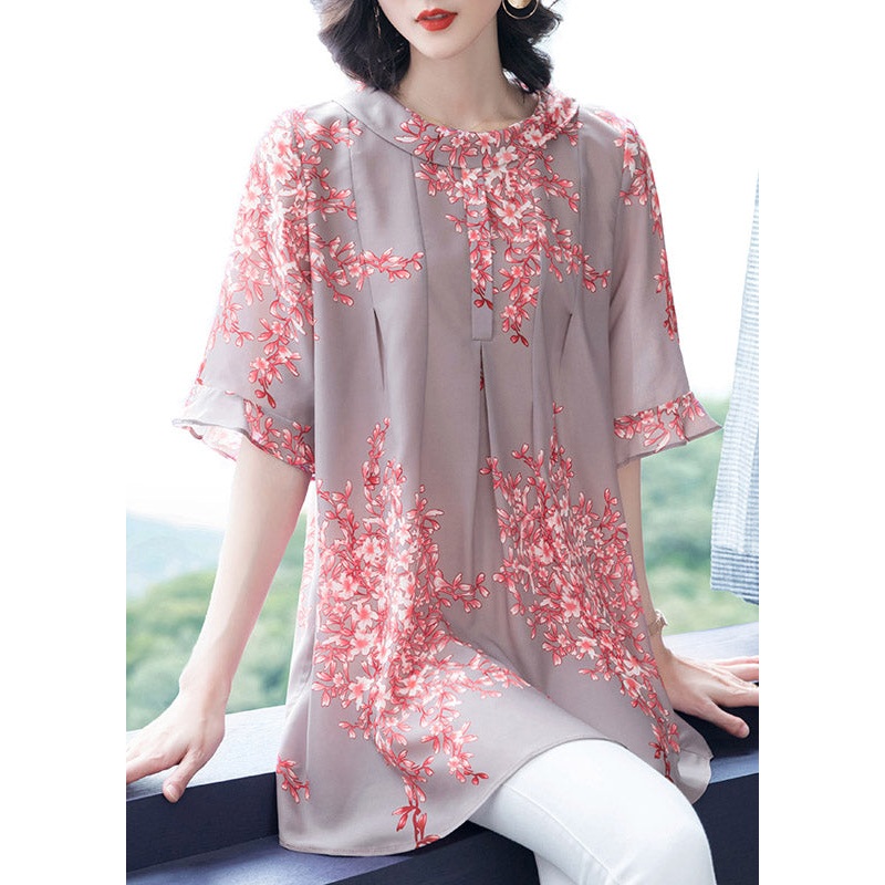 Plus Size Pink O-Neck Print Chiffon Top Flare Sleeve