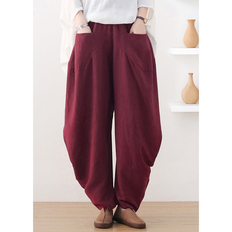 Plus Size Wine Red Pockets Wide Leg Pants Fall
