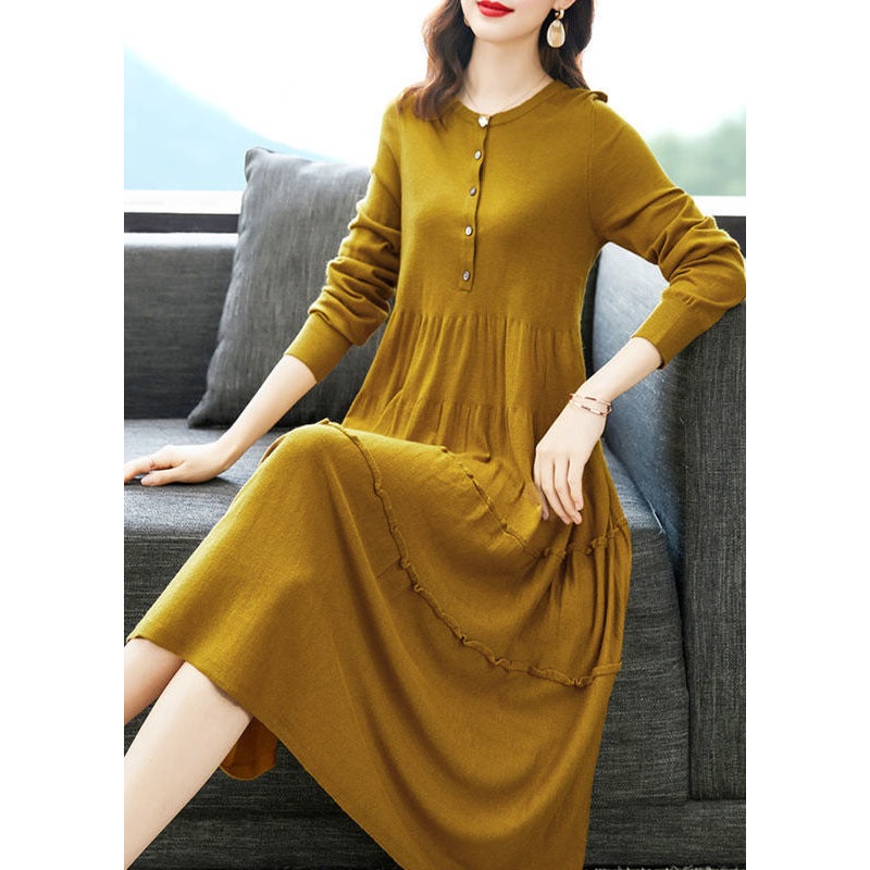Plus Size Yellow O-Neck Ruffled Knit Sweater A Line Dress Winter