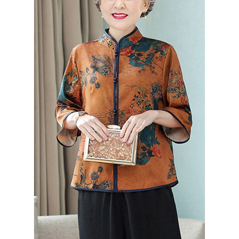 Plus Size Yellow Stand Collar Print Button Silk Shirt Long Sleeve