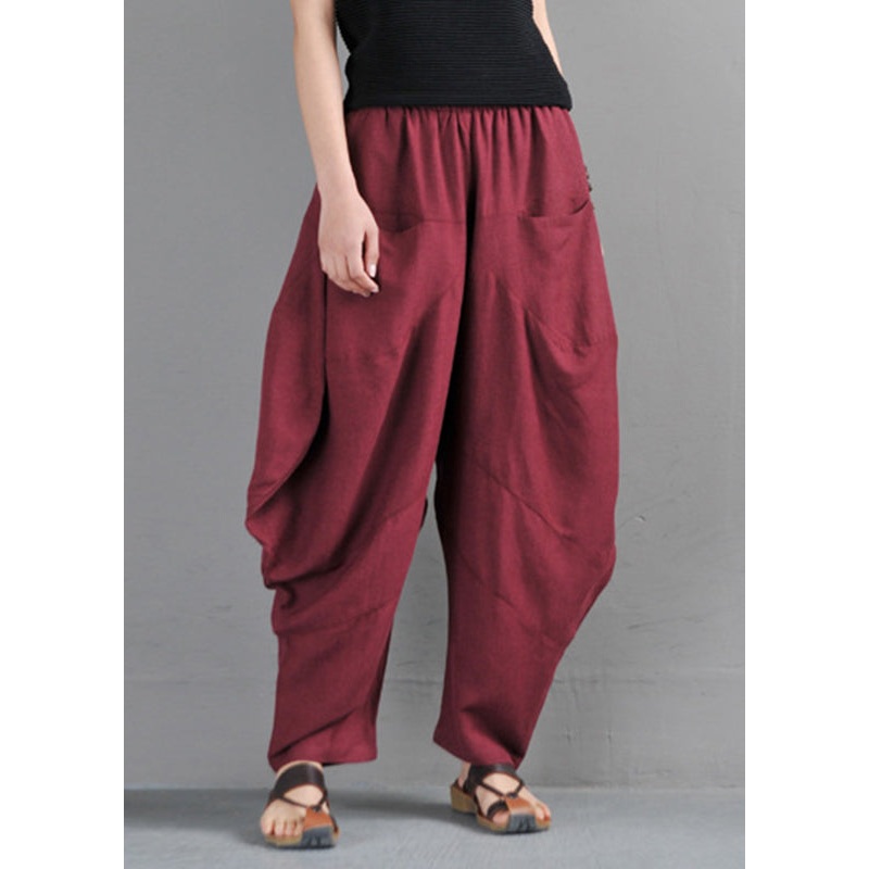 Red Elastic Waist Pockets Beam Pants Summer