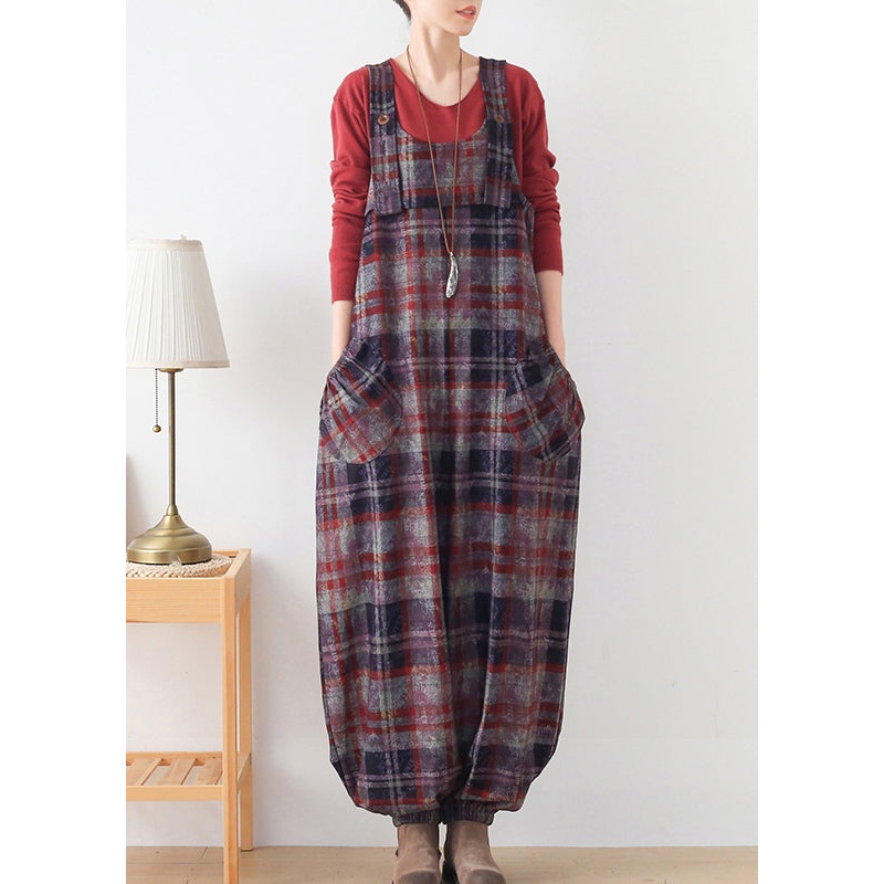 Red Plaid Pockets Woolen Jumpsuit Pants Fall