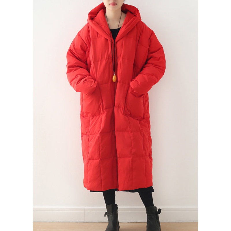 Red Zippered Pockets Hooded Down Coat Long Sleeve