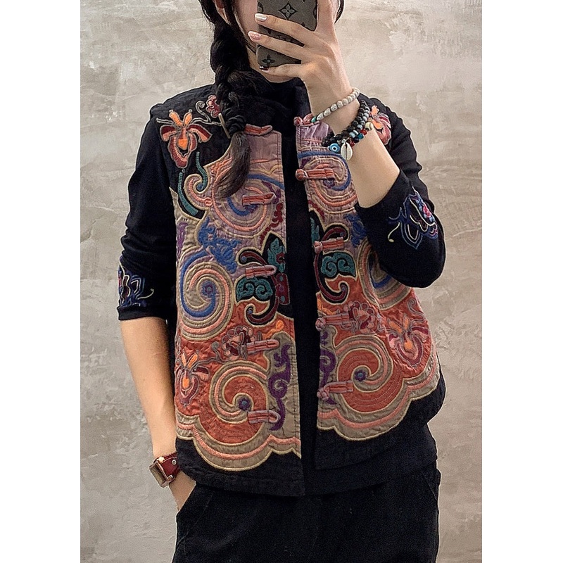 Retro Black Stand Collar Embroidered Floral Button Waistcoat Fall