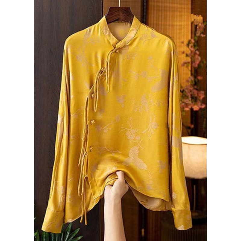 Retro Yellow Stand Collar Button Low High Design Silk Shirt Long Sleeve