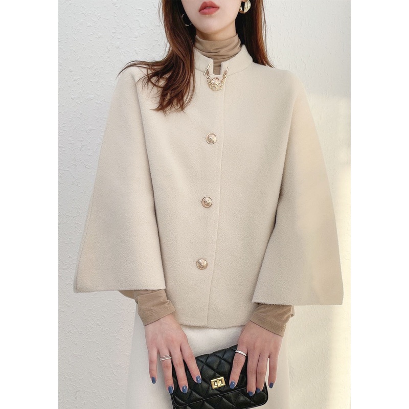 Solid White Thick Woolen Cloak Coats Stand Collar Button Fall