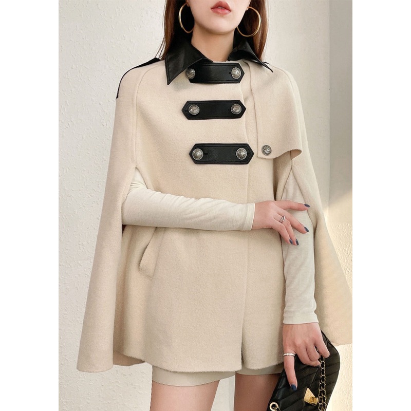 Style Beige Peter Pan Collar Faux Leather Patchwork Woolen Coats Cloak Sleeves