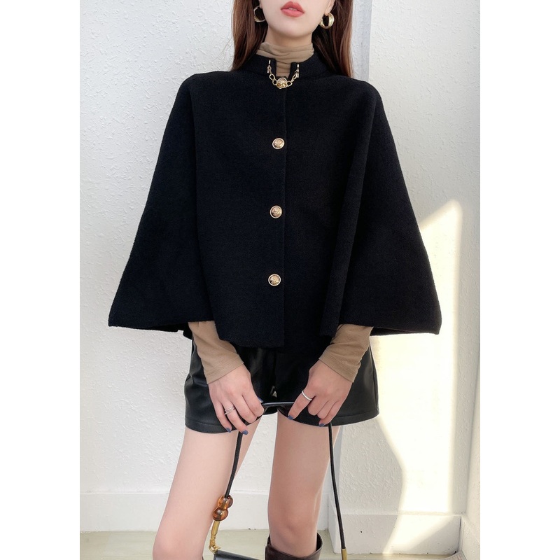 Style Black Stand Collar Button Warm Woolen Cloak Coats Fall