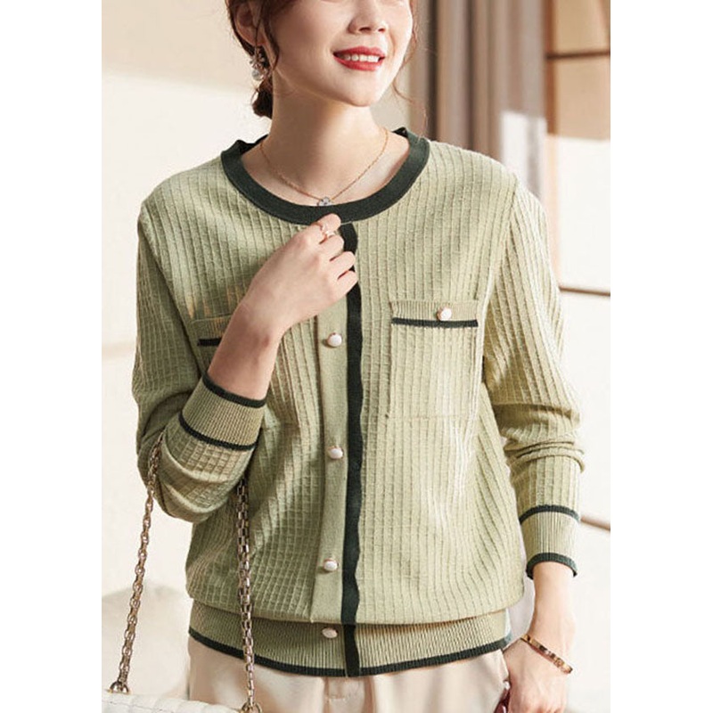 Style Green O-Neck Thick Patchwork Knit Sweater Long Sleeve