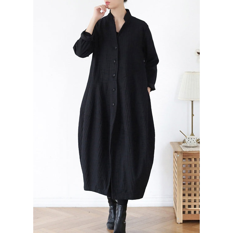 Unique Black V Neck Pockets Linen Trench Coats Long Sleeve
