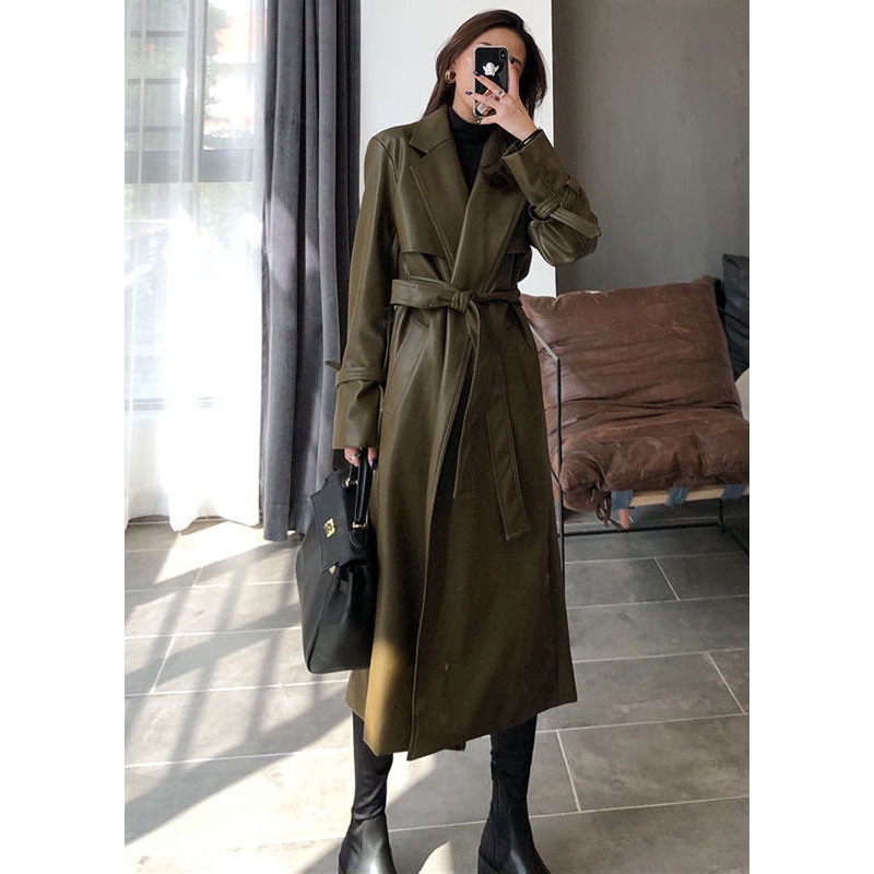 Unique Green Peter Pan Collar Pockets Faux Leather Trench Winter