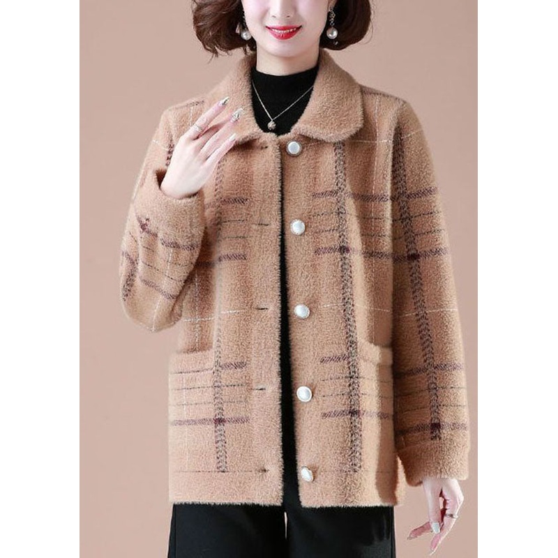 Unique Khaki Peter Pan Collar Plaid Pockets Mink Hair Knitted Coats Winter