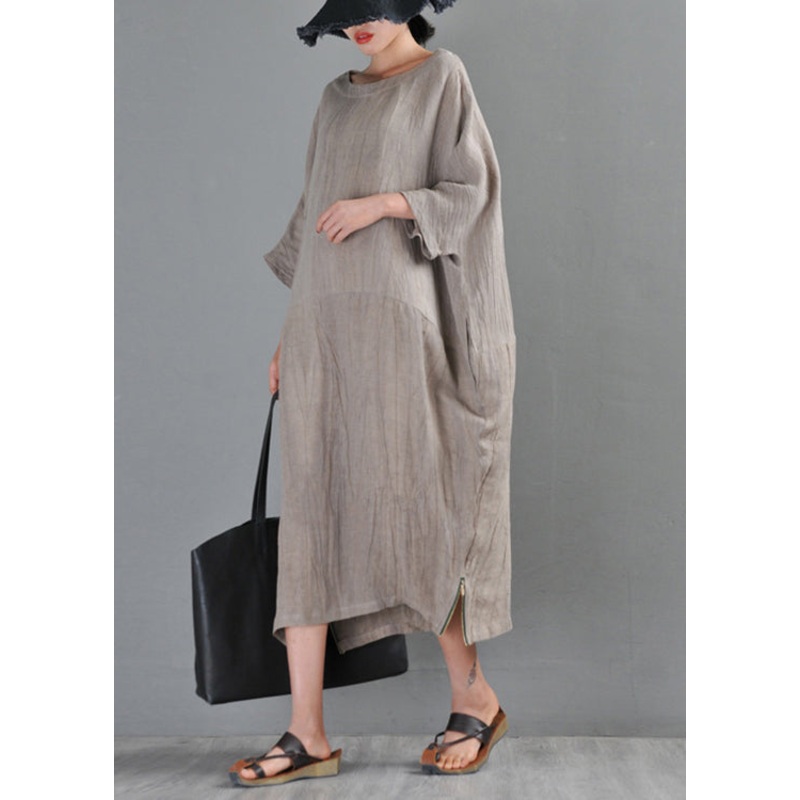 Unique Linen Colour O-Neck Zip Up Side Open Linen Long Dresses Half Sleeve
