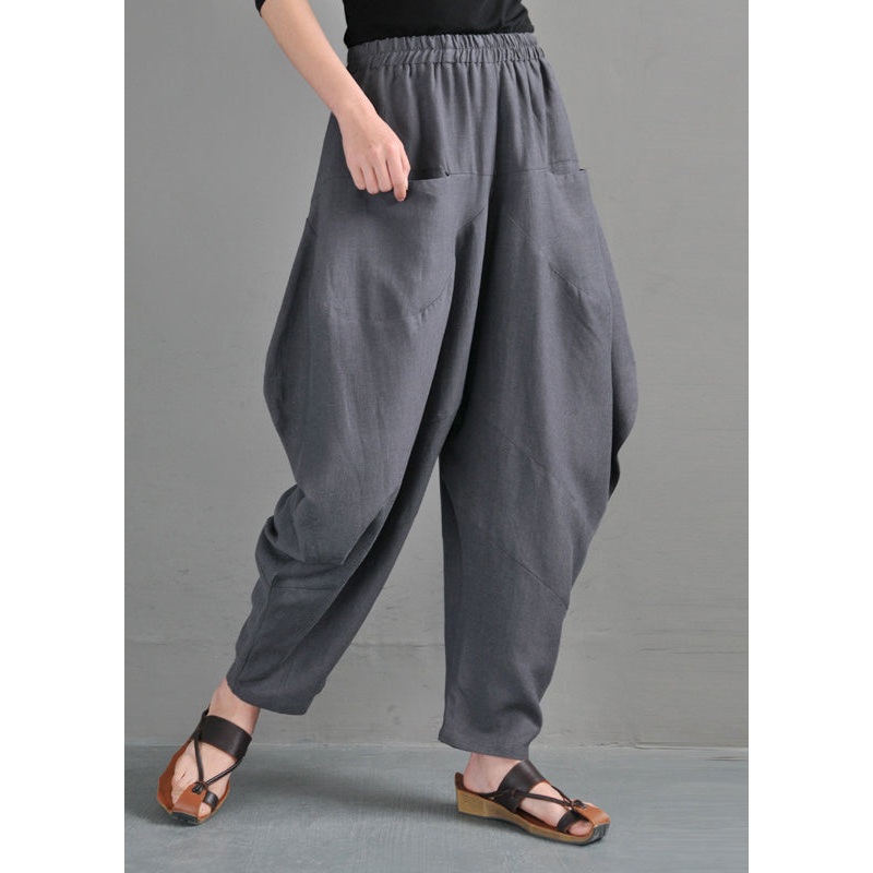 Vintage Grey Pockets Patchwork Lantern Pants Summer