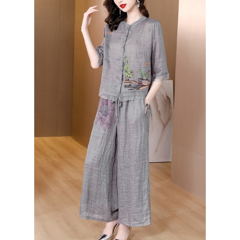 Vintage Light Grey V Neck Patchwork Linen Top And Pants Two Pieces Set Short Sleeve