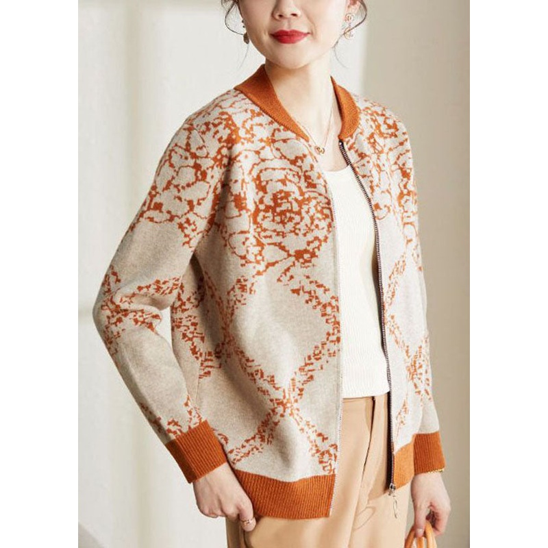 Vintage Orange O-Neck Embroideried Warm Woolen Coat Long Sleeve