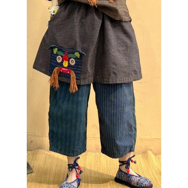 Vintage Pockets Striped Tassel Elastic Waist Linen Crop Pants Fall