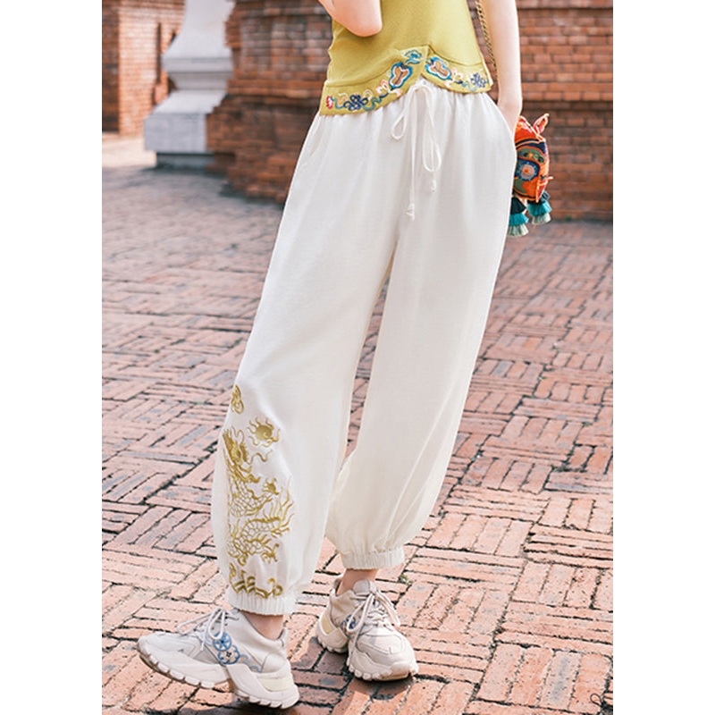 White Drawstring Pockets Elastic Waist Lantern Pants Fall