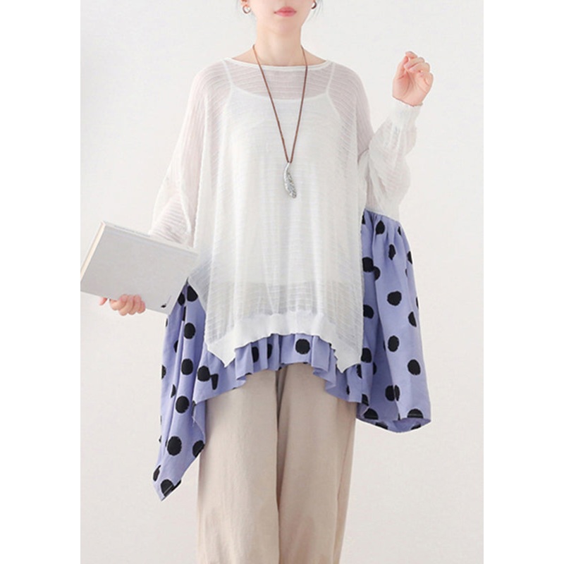 White O-Neck Dot Patchwork Cotton Knit Tops Batwing Sleeve