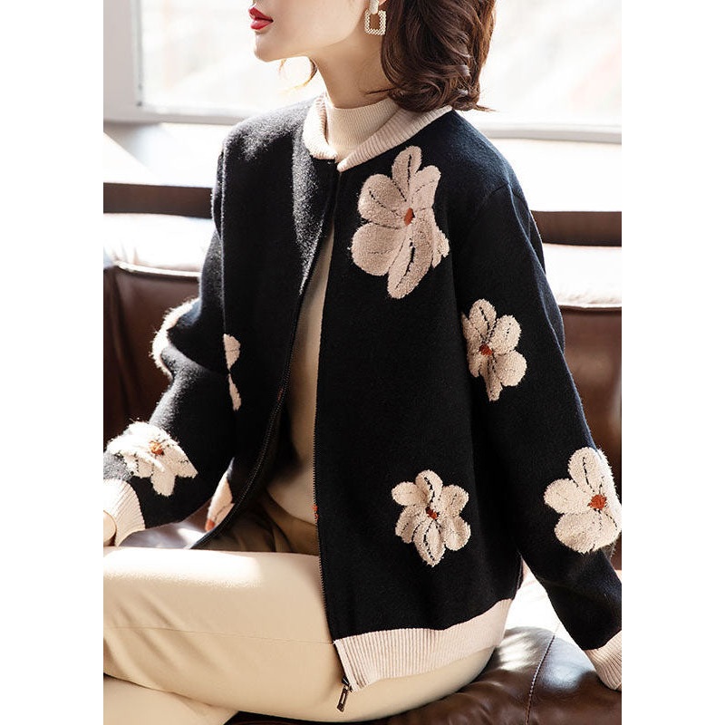 Women Black Stand Collar Embroideried Floral Woolen Coats Long Sleeve