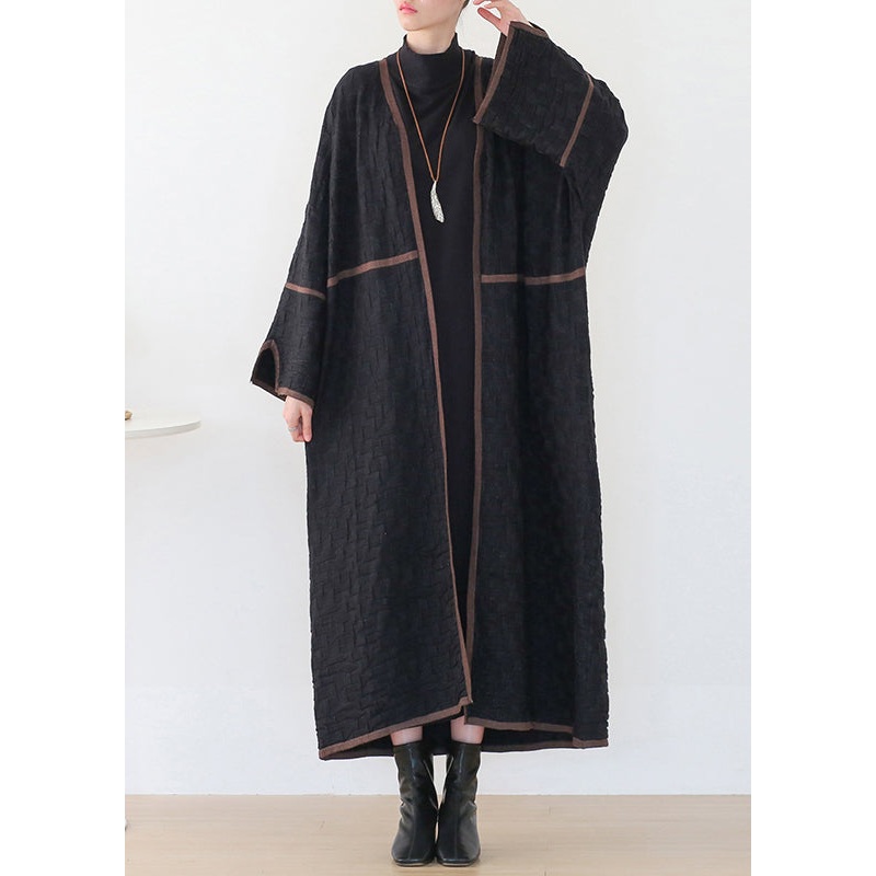 Women Black V Neck Patchwork Woolen Trench Coats Long Sleeve