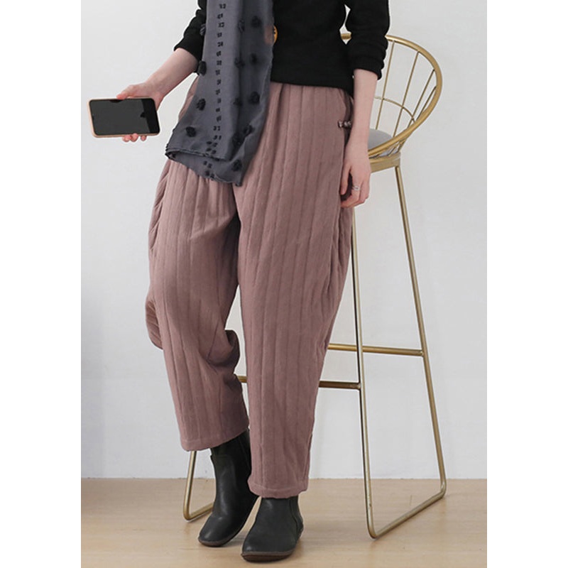 Women Button Pockets Elastic Waist Cotton Lantern Pants Winter