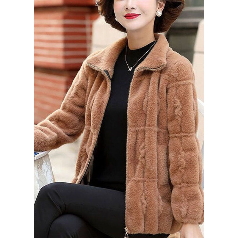 Women Camel Solid Color Collar Zip Up Mink Hair Knitted Coats Winter