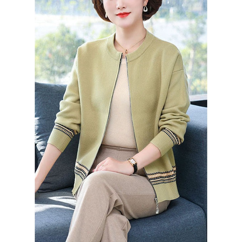 Women Green O-Neck Zip Up Woolen Jackets Long Sleeve