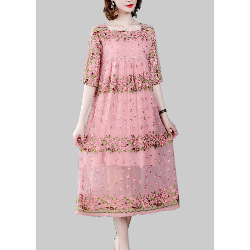 Women Pink O-Neck Embroideried Floral Wrinkled Tulle Dress Half Sleeve