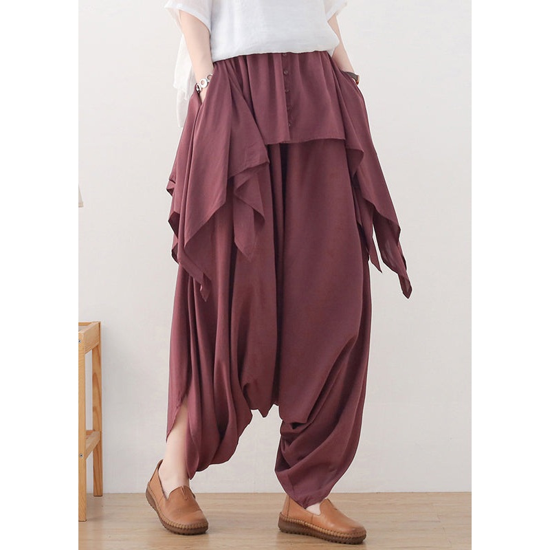 Women Red Asymmetrical Button Cotton Wide Leg Pants Skirt Fall