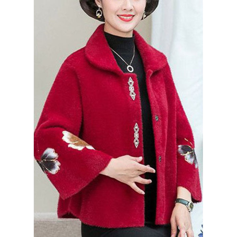 Women Red Embroideried Floral Thick Mink Hair Knitted Coats Winter